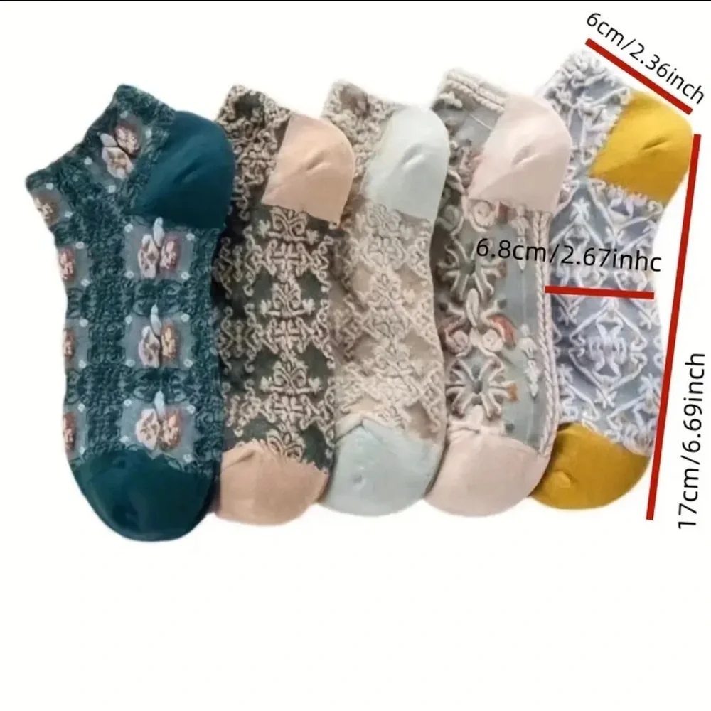 Women Blue Green Embroidered Floral Lightweight Soft Ankle Socks Hosiery 5 Pairs